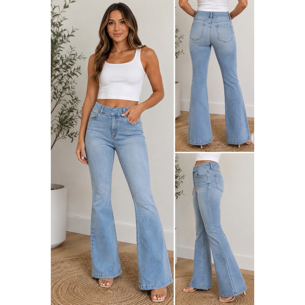 Spanx Women's Flare Jeans XL Light Wash Pull On Stretch Denim Pants Boho